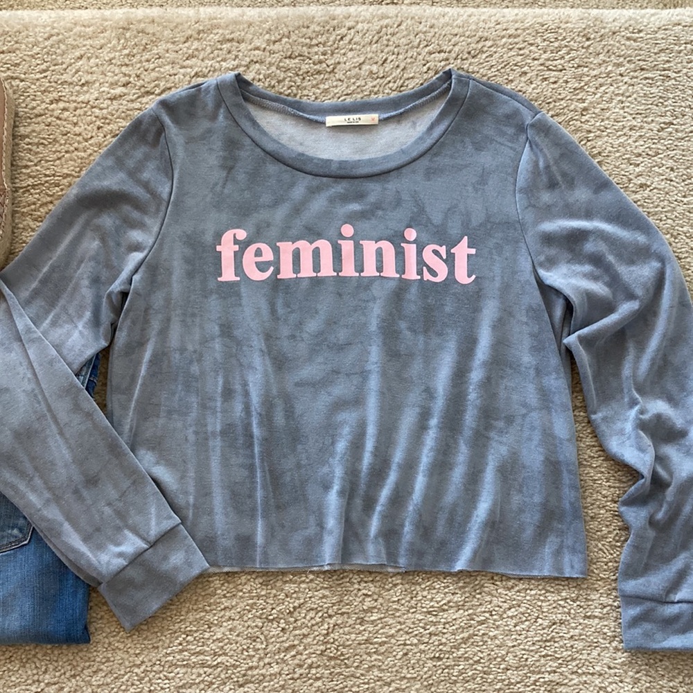 Grey ‘FEMINIST’ Cropped, Long Sleeve Top - Picture 2 of 7